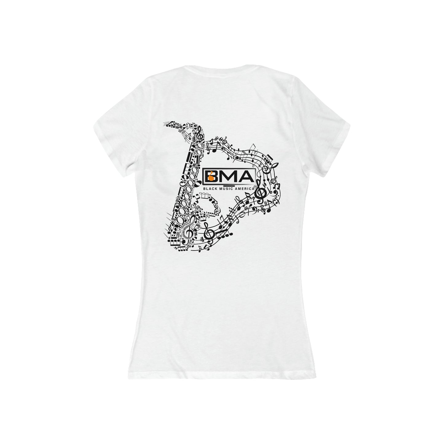 Women's Jersey Short Sleeve Deep V-Neck Tee BMA Saxophone Back Design