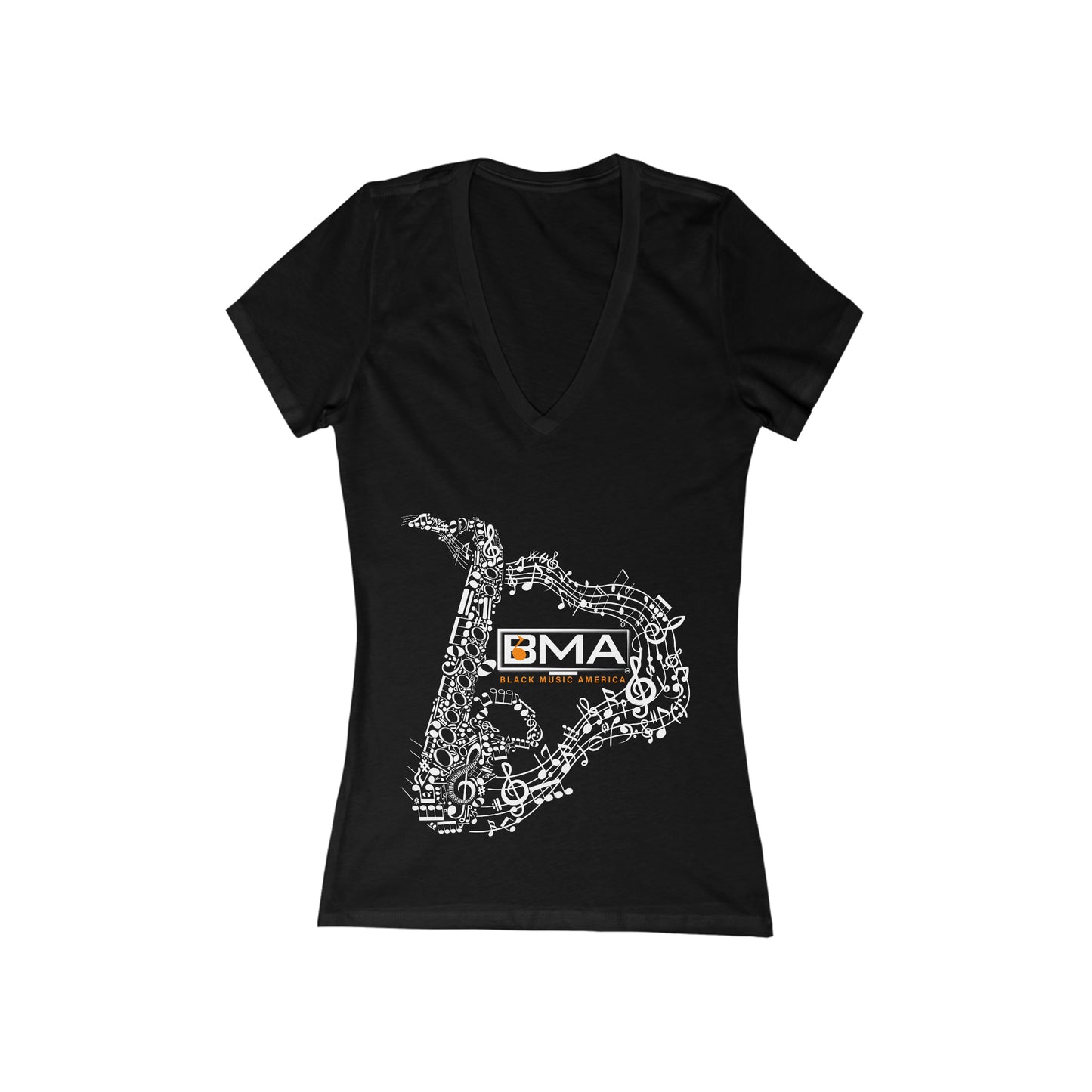 Women's Jersey Short Sleeve Deep V-Neck Tee BMA Saxophone Front Design