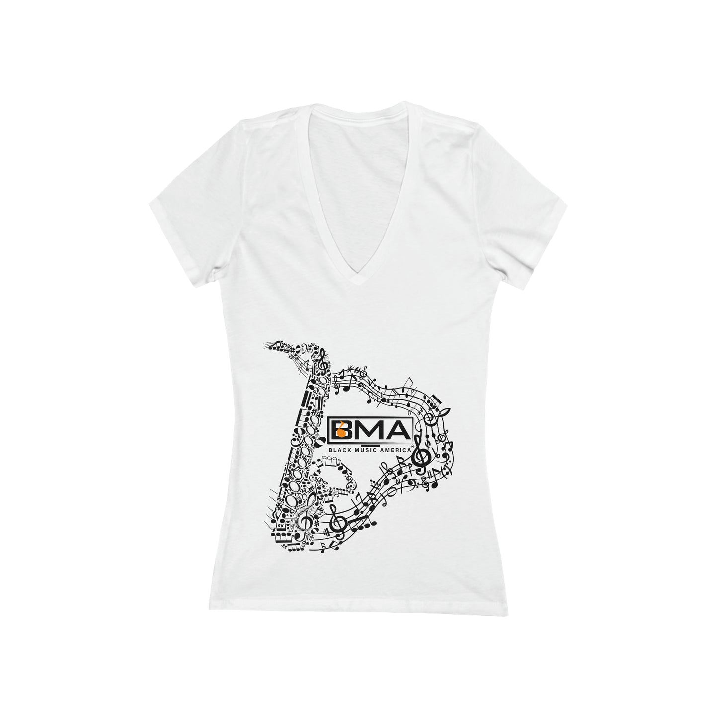 Women's Jersey Short Sleeve Deep V-Neck Tee BMA Saxophone Front Design