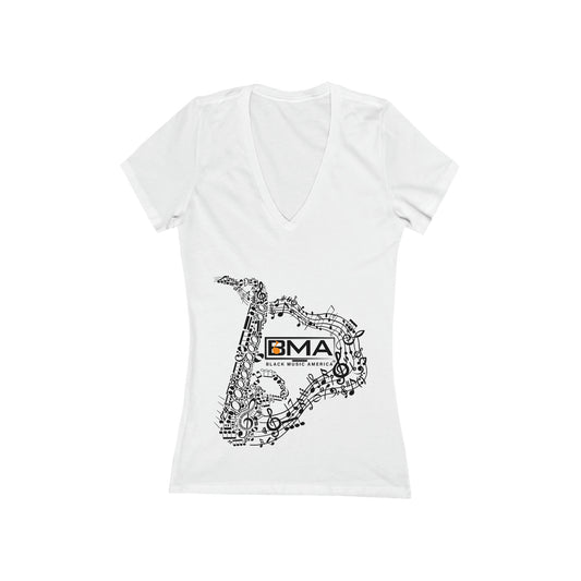 Women's Jersey Short Sleeve Deep V-Neck Tee BMA Saxophone Front Design