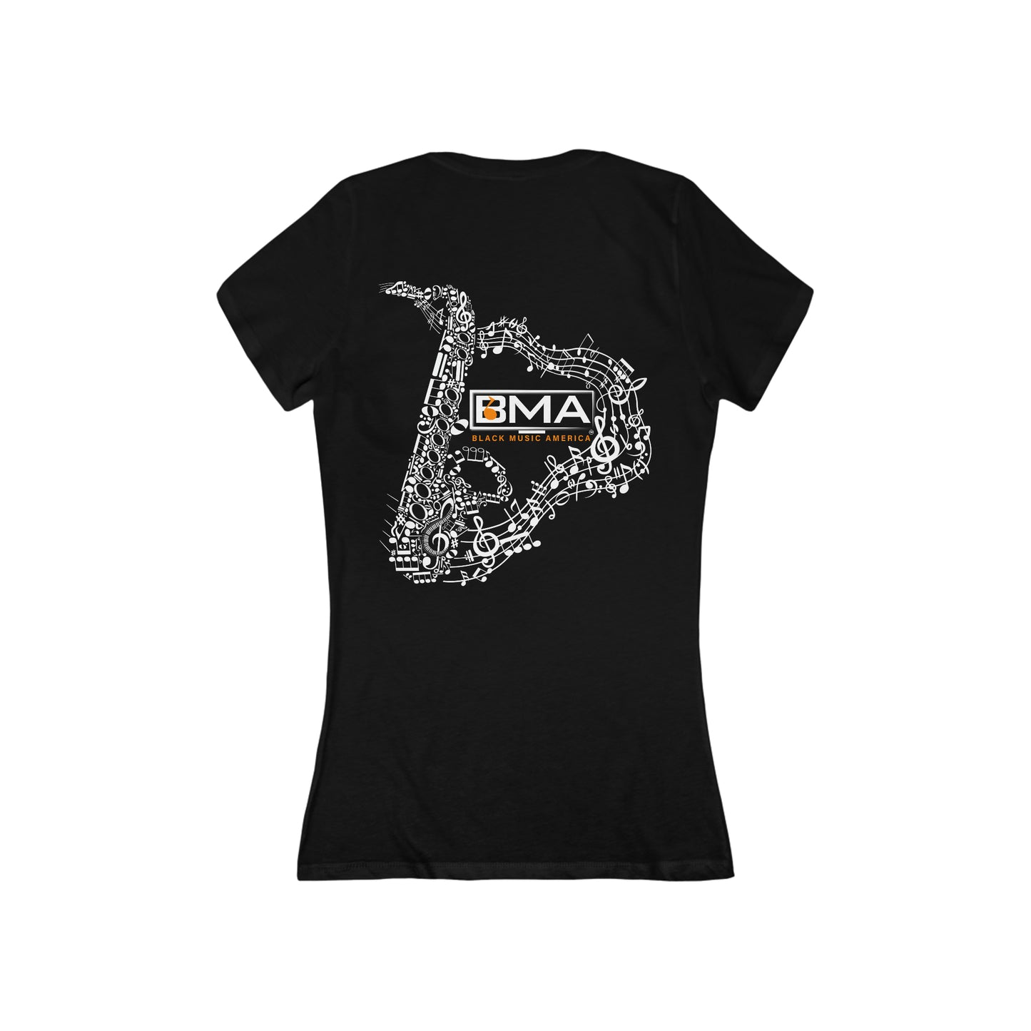 Women's Jersey Short Sleeve Deep V-Neck Tee BMA Saxophone Back Design